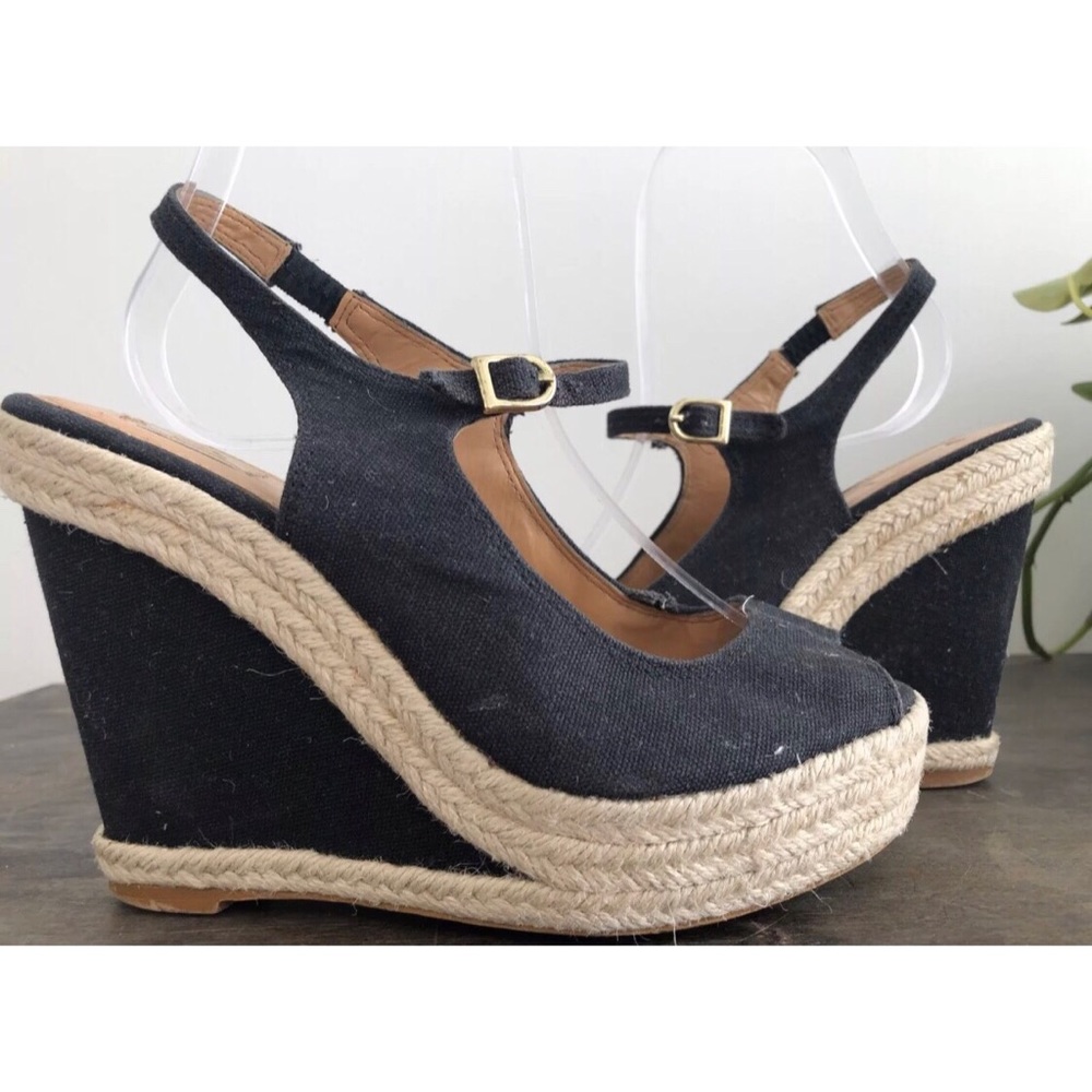 MANGO Sz 7 Black Wedge Espadrille SANDALS